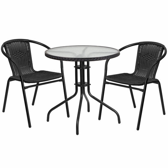 Flash Furniture TLH-087RD-037BK2-GG Tlh-087Rd-037Bk2-Gg Round Glass Metal Table With Rattan Edging And 2 Rattan Stack Chairs, 28", Black