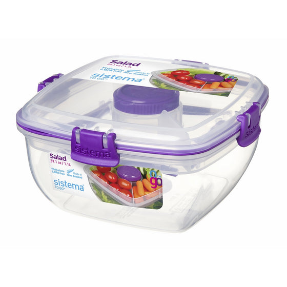 Sistema To Go Collection Salad to Go Food Storage Container, 37 Ounce/4.6 Cup, Clear with Assorted Color Accents