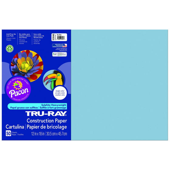 Pacon Tru-Ray Construction Paper, 12-Inches by 18-Inches, 50-Count, Sky Blue (103048)