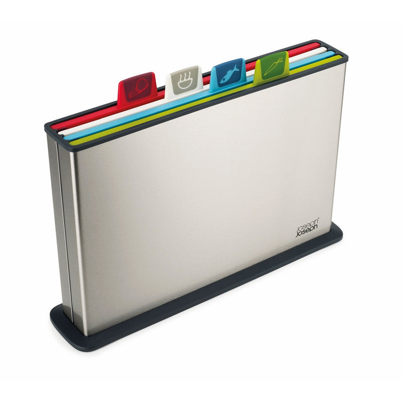 Joseph Joseph 60095 Index Plastic Cutting Board Set with Stainless Steel Storage Case Color-Coded Dishwasher-Safe Non-Slip, Large, Steel Multicolored