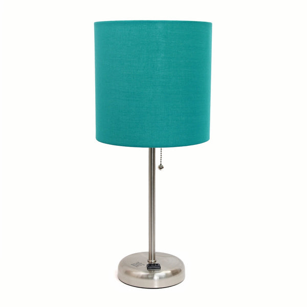 Limelights LT2024-TEL Brushed Steel Lamp with Charging Outlet and Fabric Shade, Teal