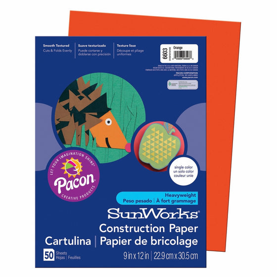 Pacon SunWorks Construction Paper, 9-Inches by 12-Inches, 50-Count, Orange (6603)