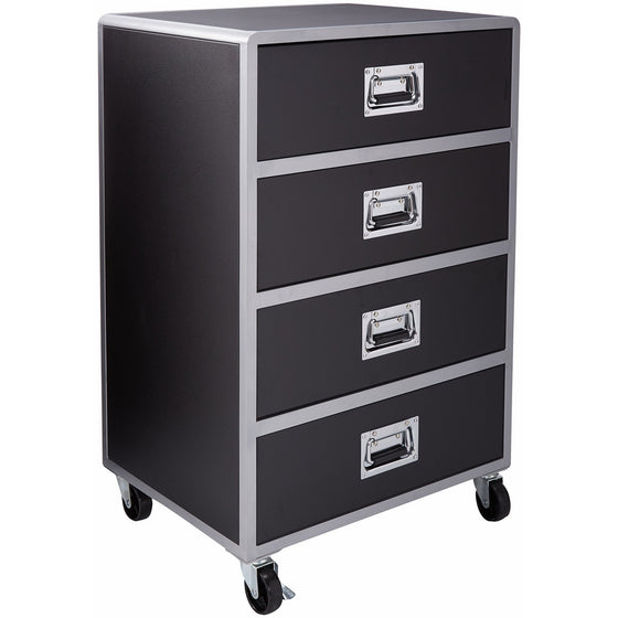 Coaster Home Furnishings LeClair Modern Contemporary Youth Mobile Metal Four Drawer Storage Chest with Casters - Black Faux Leather/Silver