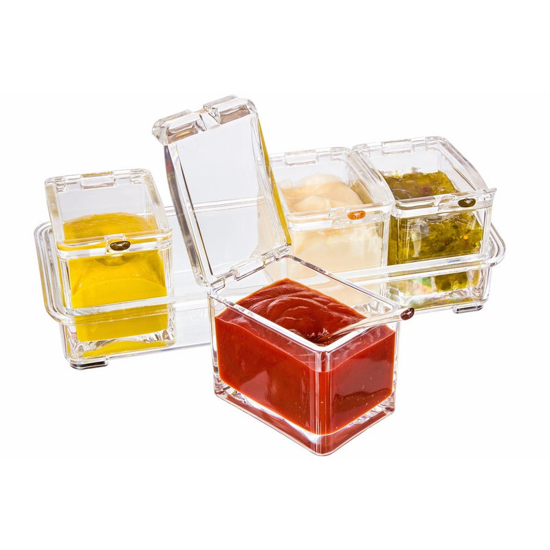 Boxing Week Sale - Best Acrylic Condiment Tray, Excellent Gift, 4 Removable Pots with Separate Lids and Spoons. Ice Chamber. Condiments, Candy, Nuts, Fruit, Seasoning And Spice Rack Compartments Dish