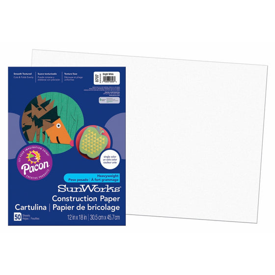Pacon SunWorks Construction Paper, 12-Inches by 18-Inches, 50-Count, Bright White (8707)
