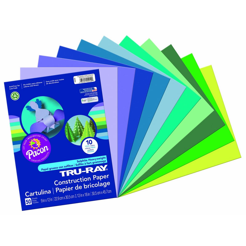 Pacon Tru-Ray Construction Paper Assortments, 9-Inches by 12-Inches, 50-Count, Cool Assorted (102942)