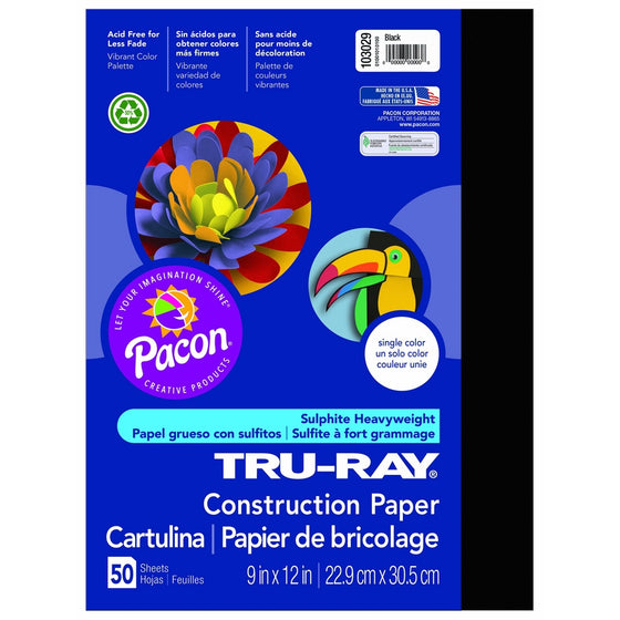 Pacon Tru-Ray Construction Paper, 9-Inches by 12-Inches, 50-Count, Black (103029)
