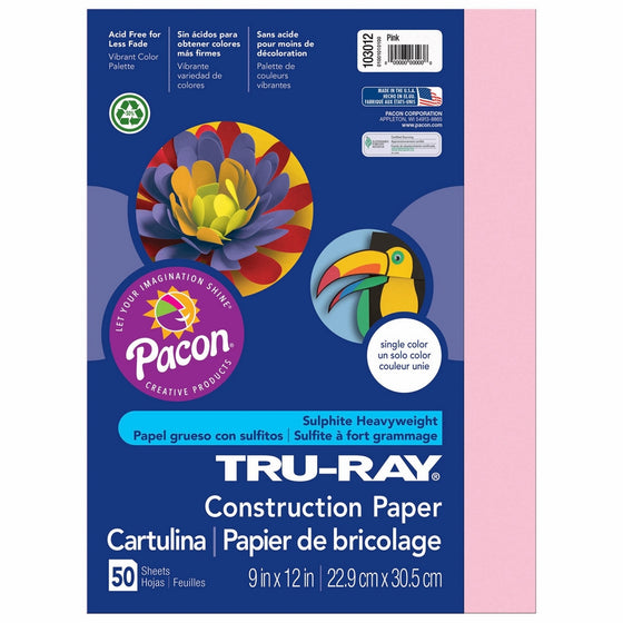 Pacon Tru-Ray Construction Paper, 9-Inches by 12-Inches, 50-Count, Pink (103012)