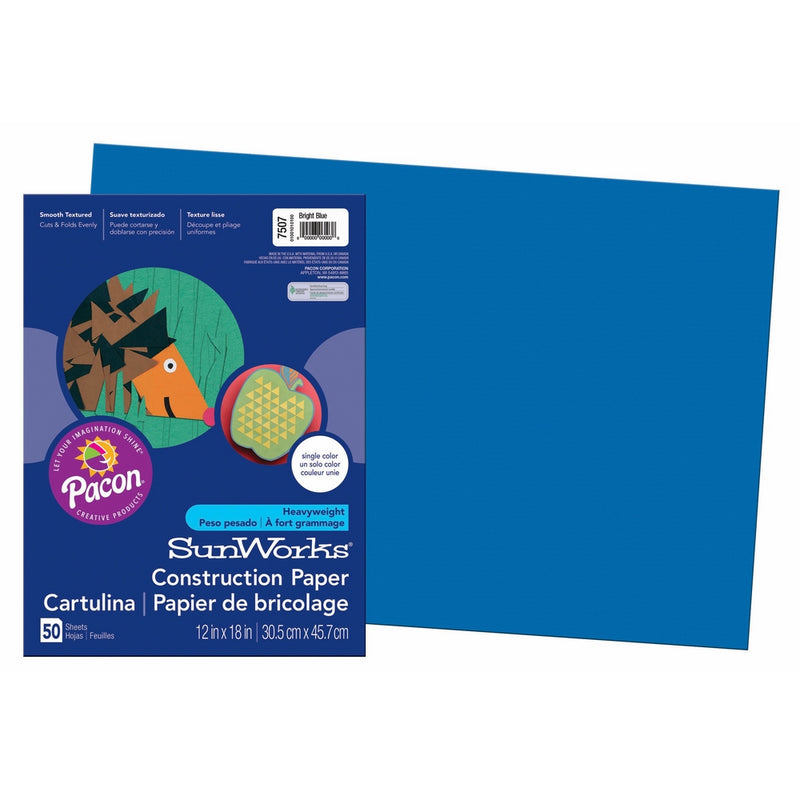 Pacon SunWorks Construction Paper, 12" x 18", 50-Count, Bright Blue (7507)