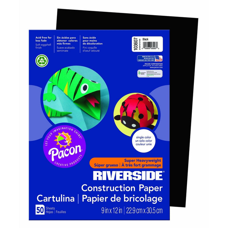 Riverside 103607 Construction Paper, 76 lb, 0.5" Height, 9" Width, 12" Length, Black (Pack of 50)