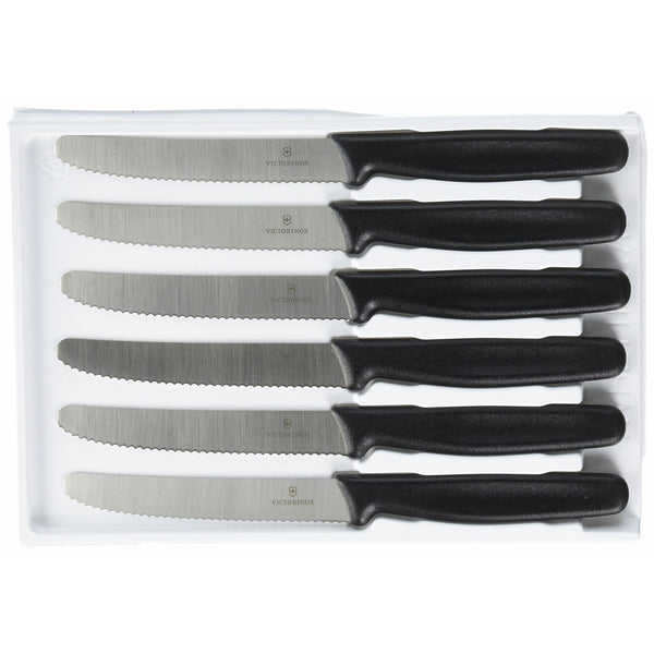 Victorinox Cutlery 6-Piece 4-1/2-Inch Wavy Edge with Round Tip Steak Knife Set, Black