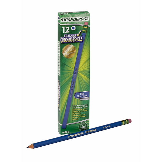 Dixon Ticonderoga Erasable Checking Pencils, Eraser Tipped, Pre-Sharpened, Pack of 12, Blue (14209)