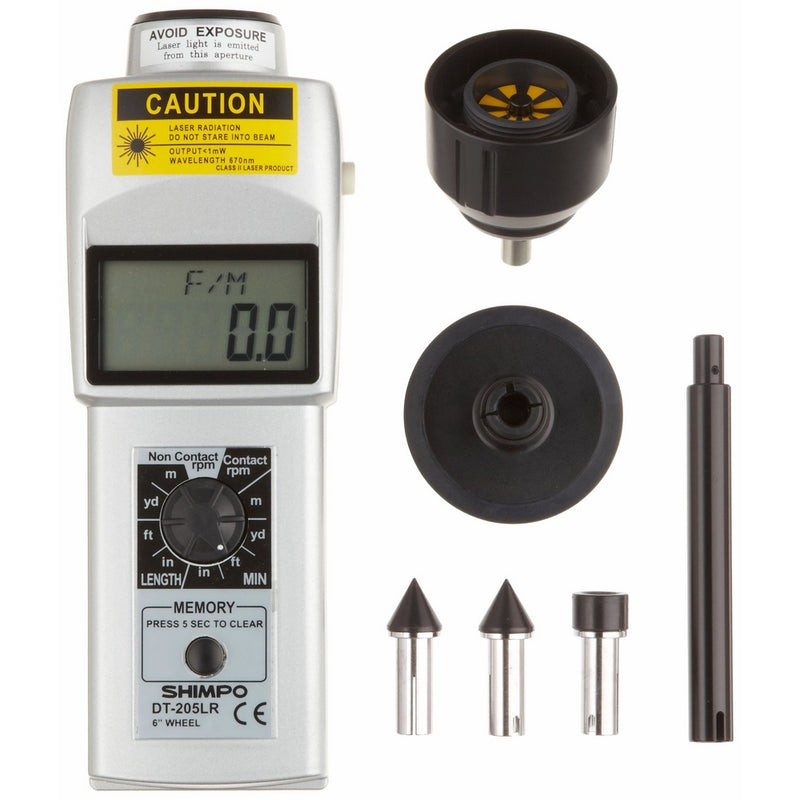 Shimpo DT-205LR Handheld Tachometer with 6" Wheel, LCD Display, /-1rpm Accuracy, 6 - 99999rpm Range