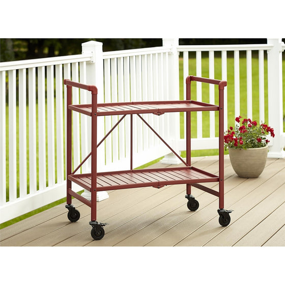 Indoor or Outdoor Folding, Metal, Rolling Serving Cart, Red