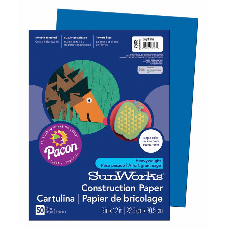 Pacon SunWorks Construction Paper, 9" x 12", 50-Count, Bright Blue (7503)