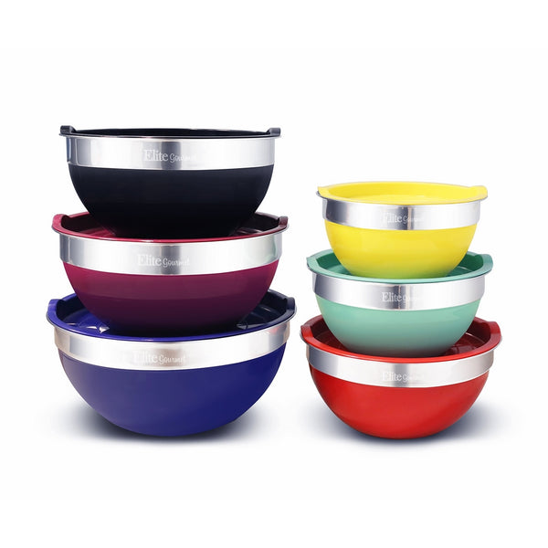 Elite Gourmet EBS-0012 Maxi-Matic 12-Piece Stainless Steel Colored Mixing Bowls with Lids, 7.25 Qt. - 6 Qt. – 3.5 Qt. – 3 Qt. – 2.25 Qt. – 2 Qt.