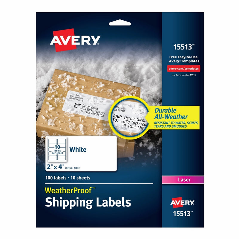 Avery WeatherProof Mailing Labels with TrueBlock Technology for Laser Printers 2" x 4", Pack of 100 (15513)