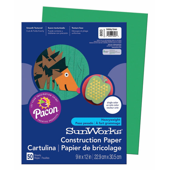 Pacon SunWorks Construction Paper, 9-Inches by 12-Inches, 50-Count, Holiday Green (8003)