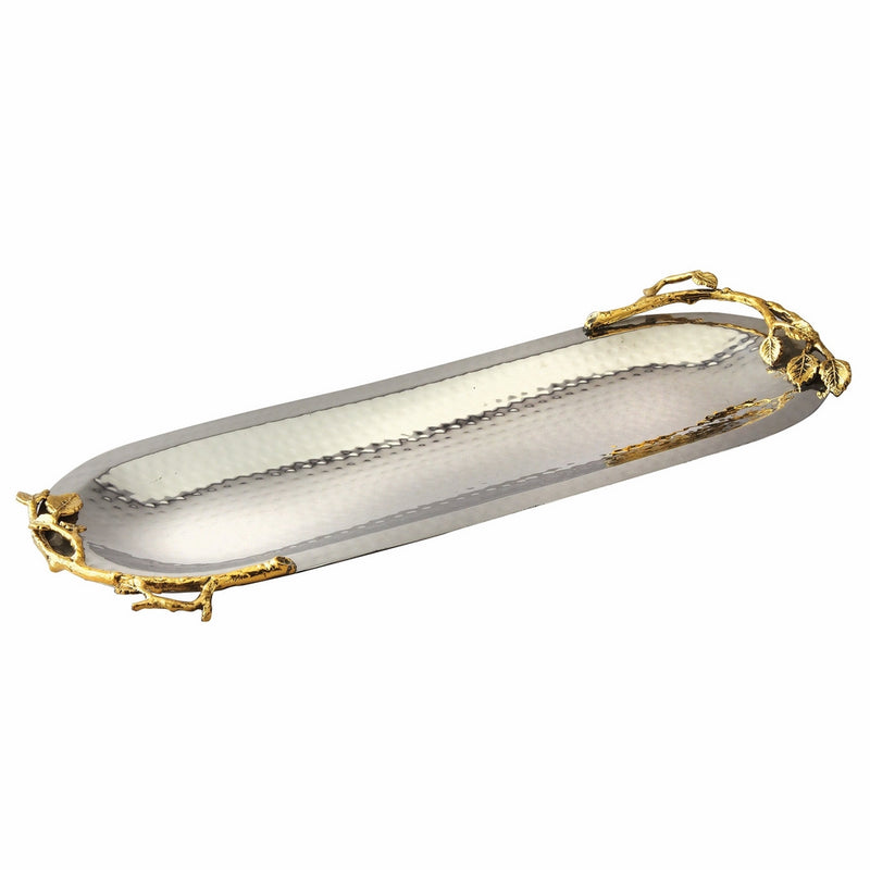 Elegance Golden Vine Hammered Stainless Steel Oval Tray, 15.25 by 5.75-Inch, Silver/Gold