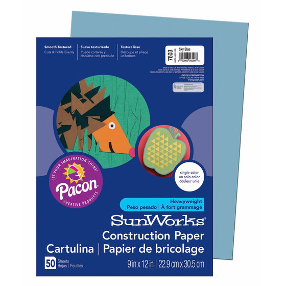 Pacon SunWorks Construction Paper, 9-Inches by 12-Inches, 50-Count, Sky Blue (7603)