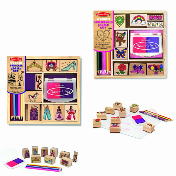 Melissa & Doug Wooden Stamps, Set of 2 - Princess and Friendship, With 18 Stamps, 10 Colored Pencils, and 2 Stamp Pads