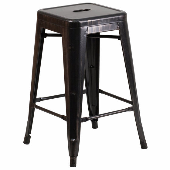 Flash Furniture 24'' High Backless Black-Antique Gold Metal Indoor-Outdoor Counter Height Stool with Square Seat