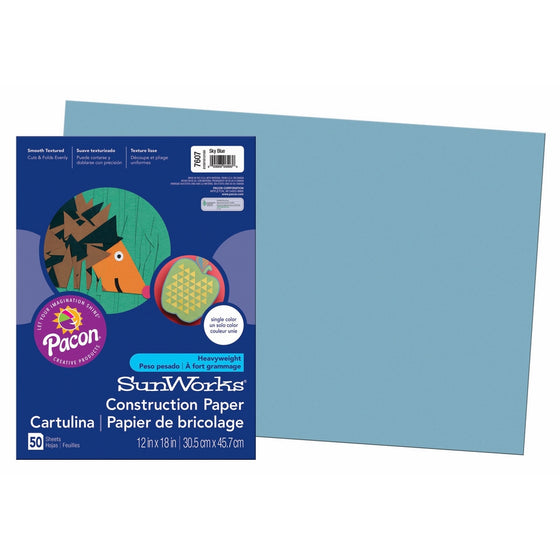 Pacon SunWorks Construction Paper, 12-Inches by 18-Inches, 50-Count, Sky Blue (7607)