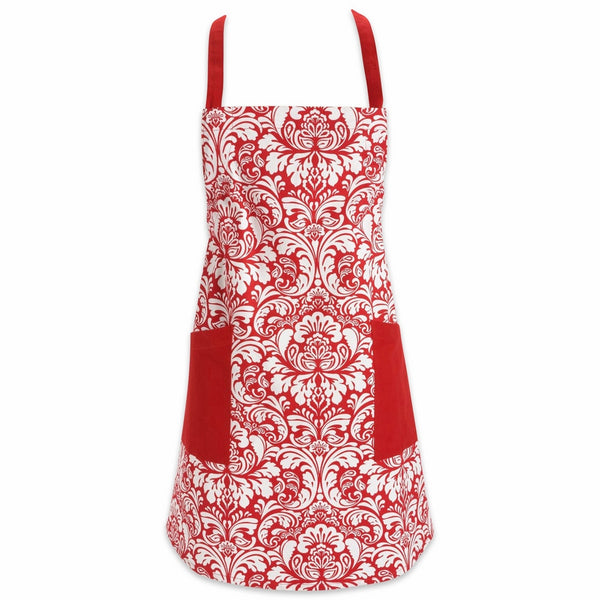 DII Cotton Adjusatble Women Kitchen Apron with Pockets and Extra Long Ties, 37.5 x 29, Cute Apron for Cooking, Baking, Gardening, Crafting, BBQ-Damask Tango Red