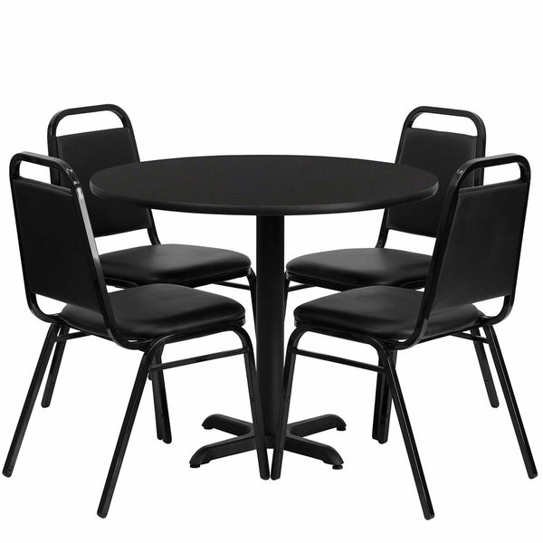 Flash Furniture 36'' Round Black Laminate Table Set with 4 Black Trapezoidal Back Banquet Chairs