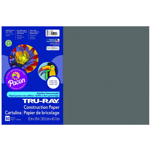Pacon Tru-Ray Construction Paper, 12-Inches by 18-Inches, 50-Count, Slate (103060)