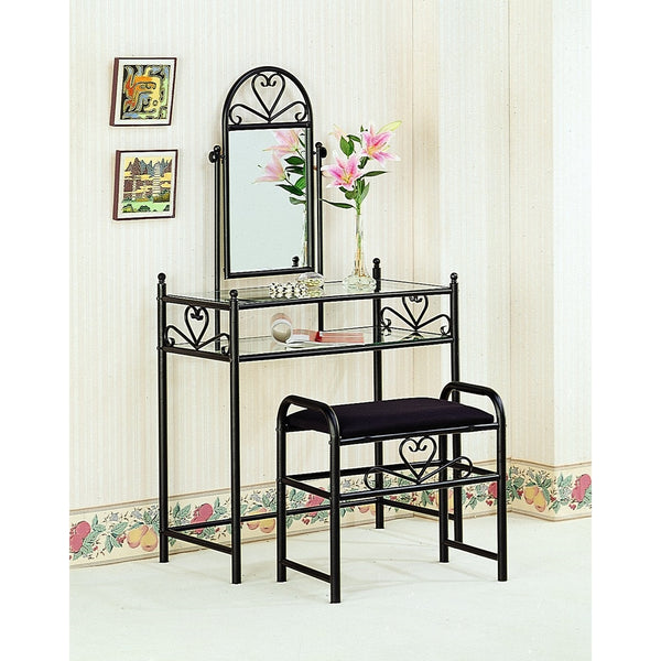 Coaster Traditional Black Metal Vanity with Glass Top and Fabric Stool