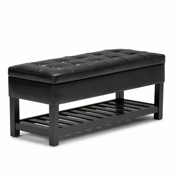 Simpli Home Cosmopolitan Rectangular Entryway Storage Ottoman Bench with Open Bottom, Midnight Black