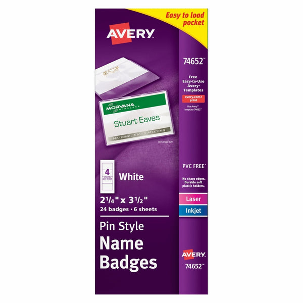 Avery Top-Loading Pin Style Name Badges, 2-1/4" x 3-1/2", Pack of 24 (74652)