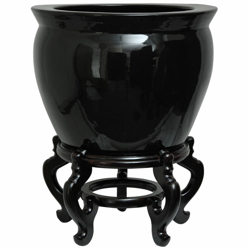 Oriental Furniture 16" Solid Black Porcelain Fishbowl