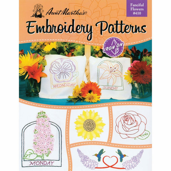 Aunt Martha's 410 Fanciful Flowers Embroidery Transfer Pattern Book Kit