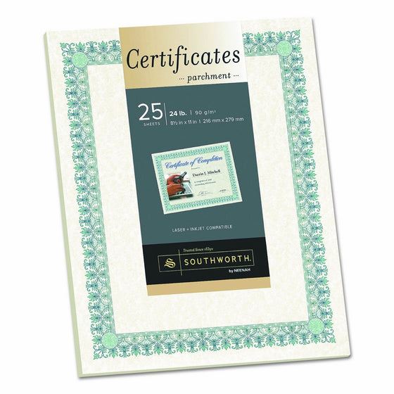 Southworth Parchment Certificates, 8.5" x 11", 24 lb, Ivory, Green/Blue Fleur De Lis Design, 25 Sheets (CT3R)