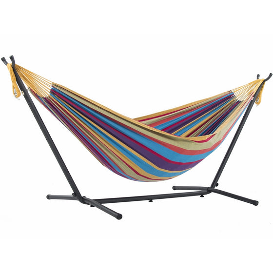 Vivere Double Hammock with Space-Saving Steel Stand, Tropical