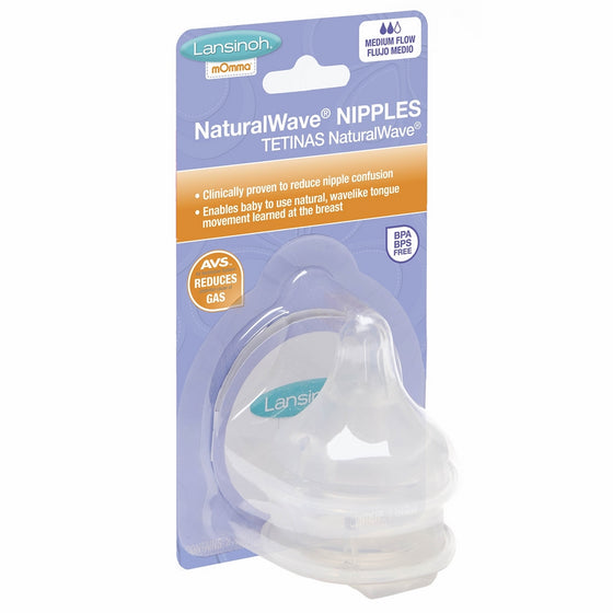 Lansinoh mOmma Nipples Medium-Flow, 2 Count, 100% Silicone, Anti-Colic, BPS and BPA Free, Easy to Clean and Assemble, Microwave and Dishwasher Safe