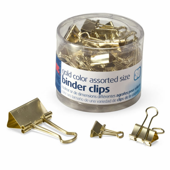 Officemate Binder Clips, Gold, Assorted Sizes, 30 Clips in Tub (31022)