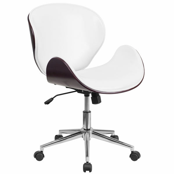 Flash Furniture Mid-Back Mahogany Wood Swivel Conference Chair in White Leather