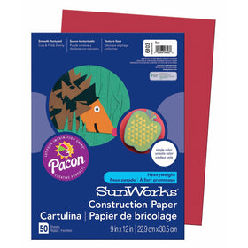 Pacon SunWorks Construction Paper, 9-Inches by 12-Inches, 50-Count, Red (6103)