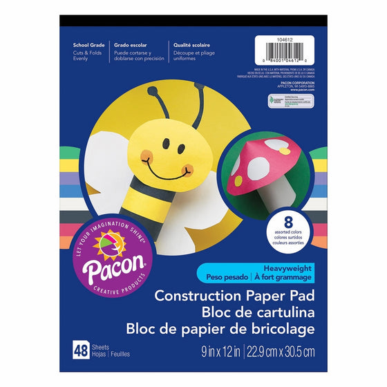 Pacon PAC104612 Heavyweight Construction Paper Pad, 9" x 12", Assorted Colors