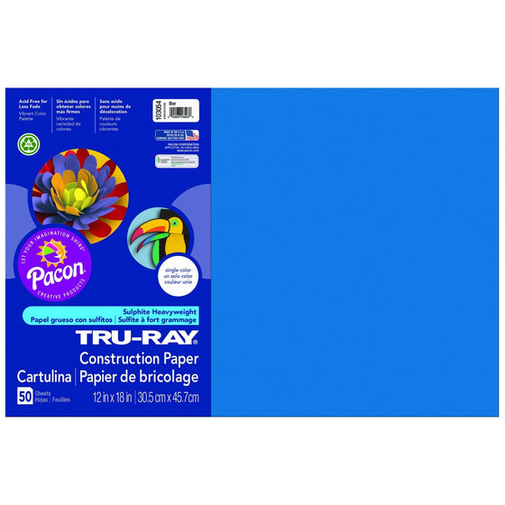 Pacon Tru-Ray Construction Paper, 12-Inches by 18-Inches, 50-Count, Blue (103054)