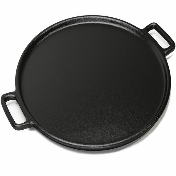 Cast Iron Pizza Pan - 14 Inch - Evenly Bakes and Heats Your Pizza - Works with all kinds of ovens - Strong handles and a small lip to avoid spills and mess