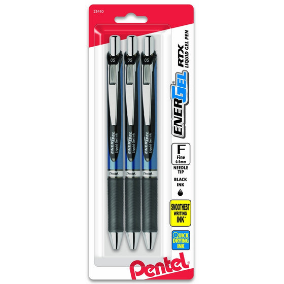 Pentel EnerGel Deluxe RTX Retractable Liquid Gel Pen, 0.5mm, Needle Tip, Black Ink, 3 Pen per Pack (BLN75BP3A)