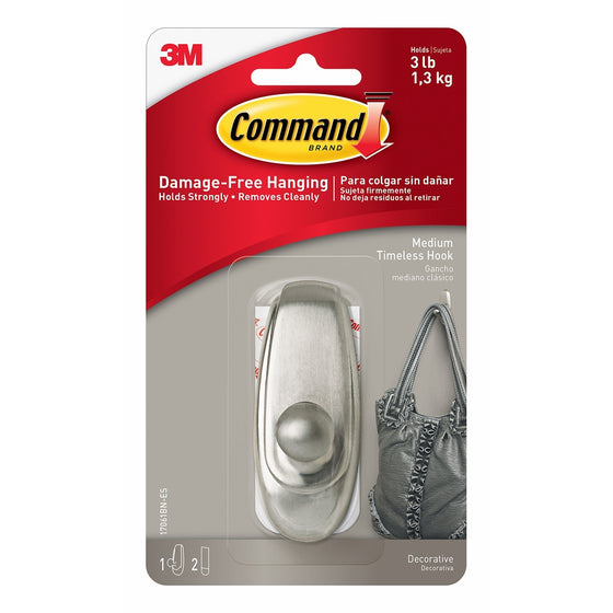 Command Timeless Hook, Medium, Brushed Nickel, 1-Hook (17061BN-ES)