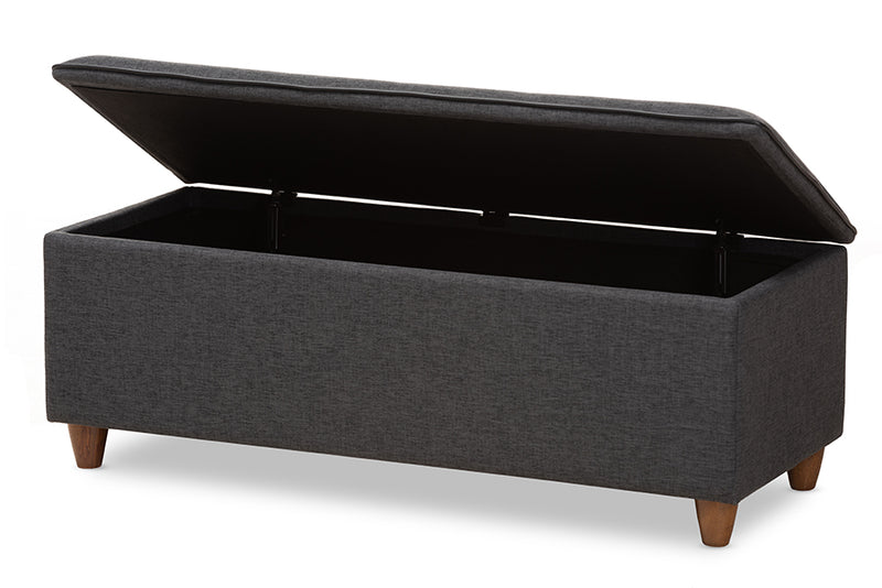 Baxton Studio Marlisa Mid-Century Modern Walnut Finished Wood and Dark Grey Fabric Upholstered Button Tufted Storage Ottoman Bench