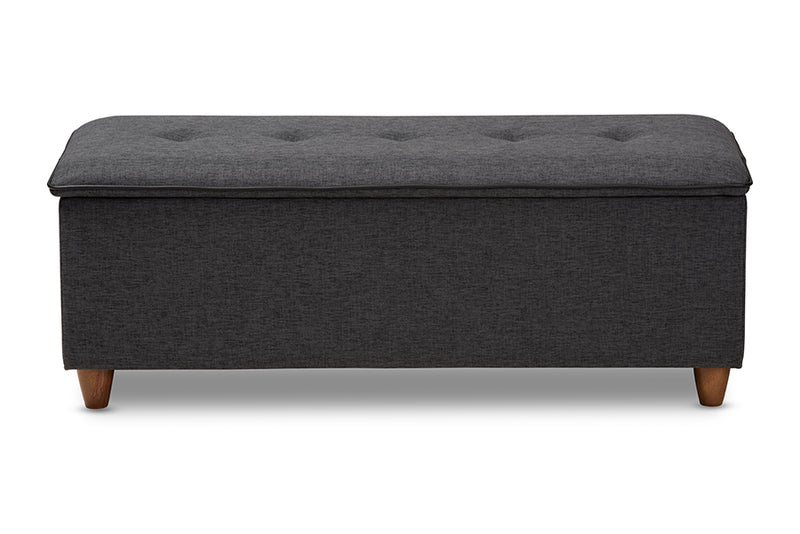 Baxton Studio Marlisa Mid-Century Modern Walnut Finished Wood and Dark Grey Fabric Upholstered Button Tufted Storage Ottoman Bench