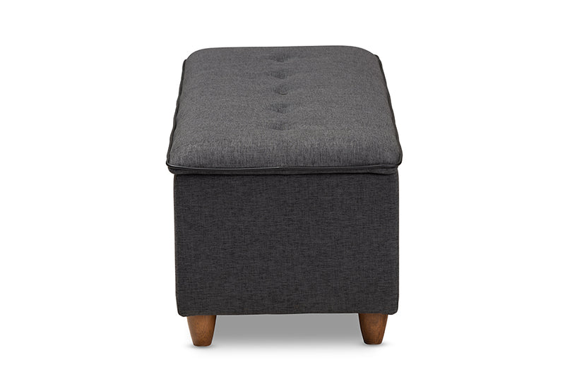 Baxton Studio Marlisa Mid-Century Modern Walnut Finished Wood and Dark Grey Fabric Upholstered Button Tufted Storage Ottoman Bench