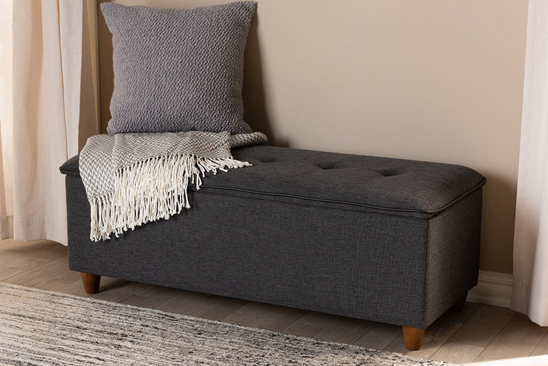 Baxton Studio Marlisa Mid-Century Modern Walnut Finished Wood and Dark Grey Fabric Upholstered Button Tufted Storage Ottoman Bench